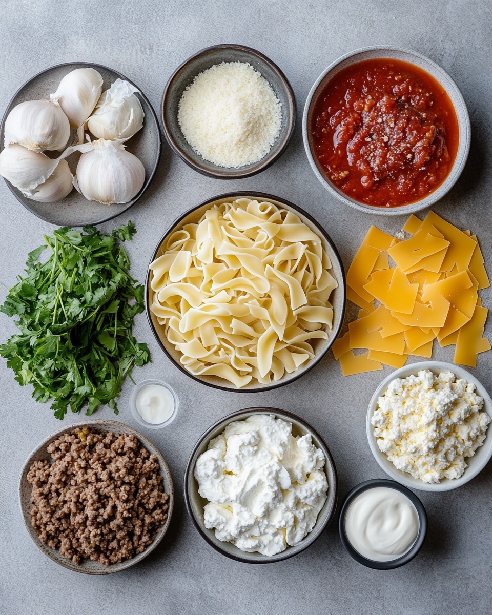 The image shows a clear glass rectangular baking dish filled with a baked pasta casserole that has two visible layers. The bottom layer is pasta mixed with a deep red tomato meat sauce that looks thick and chunky. The top layer is melted cheese in white and light yellow tones, covering the sauce unevenly and looking slightly bubbly. A spoon is inserted into the left side of the dish, scooping into the casserole, with a woman's hand holding the spoon. The dish is on a white marbled surface with a folded striped cloth nearby, small wooden bowls of salt and chopped green onions, scattered green onions, and a small stack of white plates with forks on the far right. Photo taken with an iphone --ar 4:5 --v 7