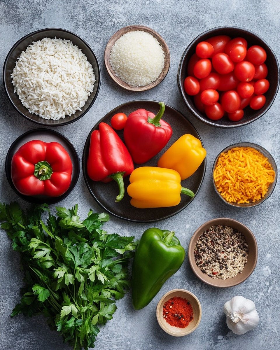 A close-up view of colorful stuffed bell peppers arranged in a white baking dish over a white marbled surface, with a wooden spatula holding up a green pepper in the foreground. Each pepper has three clear layers: a bright colored pepper shell in green, red, or yellow as the base, a filling layer inside made up of cooked ground meat mixed with small pieces of tomatoes and rice showing brown, red, and white tones, and a top layer of melted cheese that appears creamy white and slightly bubbly. The peppers have a slightly glossy texture showing they are cooked but still firm. Photo taken with an iphone --ar 4:5 --v 7