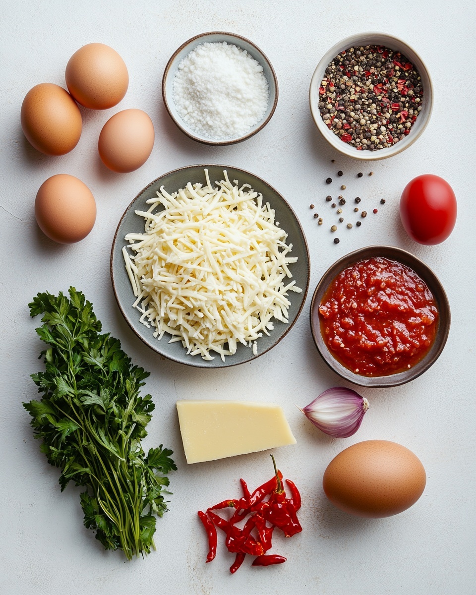 The image shows about twelve meatballs in a white dish, covered with a thick layer of melted, golden brown cheese that has some darker browned spots. The meatballs sit in a rich red tomato sauce that pools slightly at the dish's base. Each meatball is topped with a fresh, green basil leaf and sprinkled with small chopped green herbs, adding a fresh contrast to the cheesy and saucy layers. The texture of the cheese is bubbly and slightly crispy on the top, while the sauce looks smooth and thick. The dish is placed on a white marbled surface. photo taken with an iphone --ar 4:5 --v 7