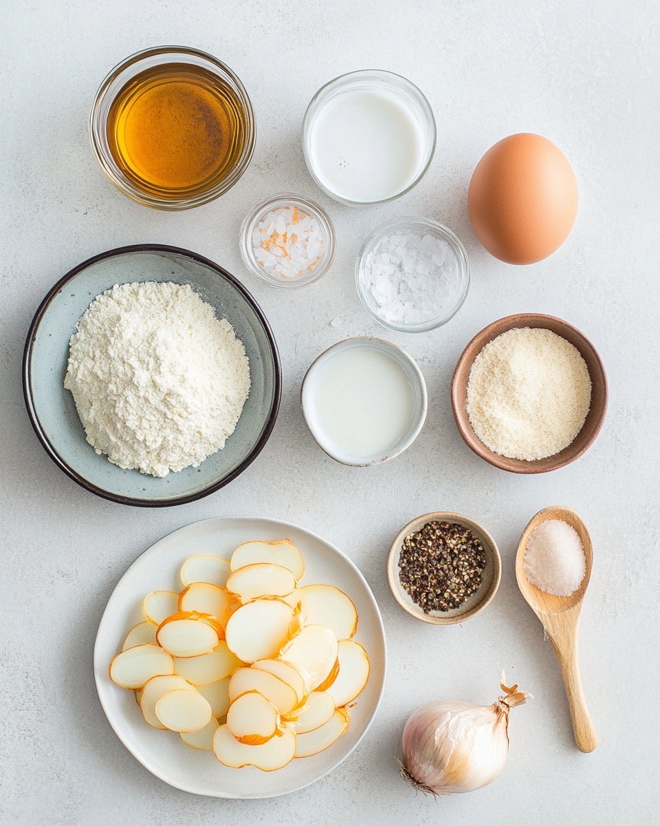 The image shows a close-up of thick, golden-brown fried onion rings stacked on a metal tray lined with printed paper. The onion rings have a crunchy texture with a rough, breadcrumb coating visible on the surface. One ring is in front and slightly torn, revealing a white soft onion inside. In the background, there is a white container with a dark brown lid, and on the sides, small cups hold red dipping sauce and a white creamy sauce. The tray and sauces sit on a surface with a white marbled texture. Photo taken with an iphone --ar 4:5 --v 7