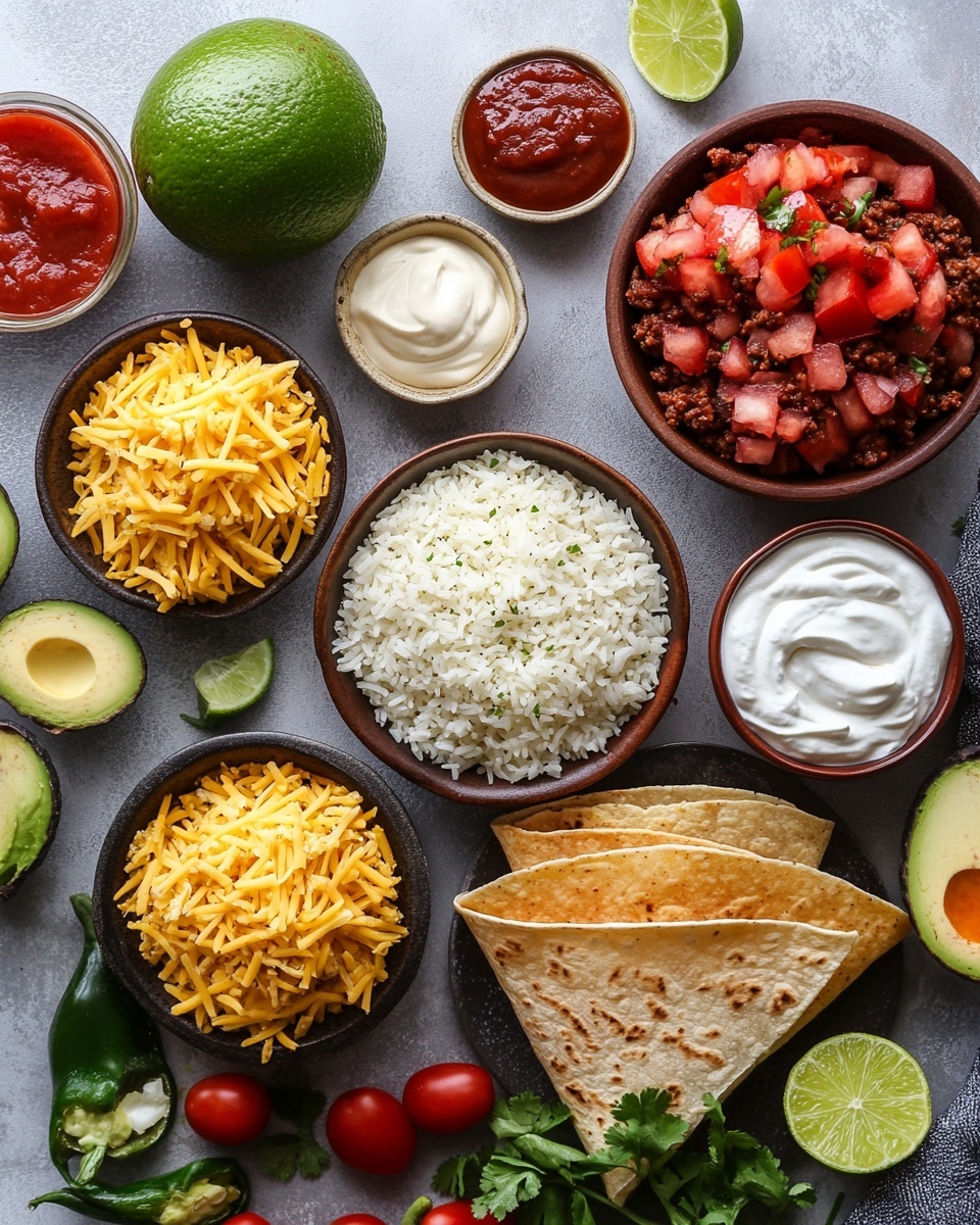 The image shows a stack of four crispy, golden-brown burritos on a white marbled surface. The two burritos on top are cut in half, revealing layers inside including light yellow rice, dark brown seasoned meat, melted white cheese, and a soft tortilla wrap surrounding it all. The bottom two burritos are whole but show a crispy cheese layer sticking to the white tortillas with some bubbling texture. Around the burritos, there are lime halves with bright green inside and a beige creamy sauce with a speckled texture spread close by. In the blurry background, there is a glass bottle and a drink with visible lime. The scene has warm, natural light and focuses closely on the food photo taken with an iphone --ar 4:5 --v 7