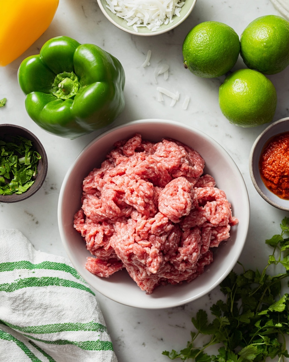 A white bowl in the center is filled with raw ground meat that is pink with white fat bits, giving it a rough texture. Around it, on a white marbled surface, are green limes to the top right, a green bell pepper on the left side, and fresh green leafy herbs near the top and bottom right. There is a pale brown onion partially visible at the top left. Above the bowl is a small white bowl filled with bright red paste that looks thick and smooth. Below the bowl is a small green bowl with white shredded flakes, and to the bottom left corner, part of a green and white striped cloth is visible. The photo taken with an iphone --ar 4:5 --v 7