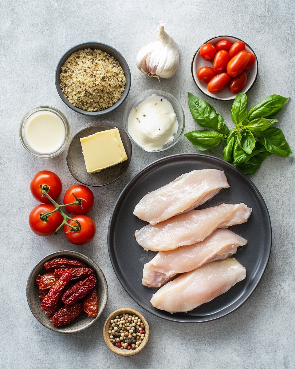 Two golden brown chicken pieces sit in a white pot filled with thick, creamy orange sauce. Bright red cherry tomatoes and fresh green basil leaves float in the sauce around the chicken. Small sunflower seeds are scattered on top, adding texture. The pot is on a rustic wooden surface. photo taken with an iphone --ar 4:5 --v 7