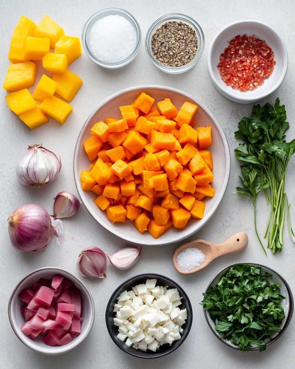 The image shows a black skillet with a white handle filled with two main layers: the first layer is bright orange cubes of cooked sweet potatoes, and the second layer is ground meat browned with a mix of spices, scattered evenly over the sweet potatoes. Lightly melted white cheese is spread across the surface, blending slightly into the meat and sweet potatoes, with a touch of green herbs sprinkled on top. A wooden spoon with a smooth, long handle is placed inside the skillet, resting on the food. The skillet sits on a white marbled surface with part of a gray and white striped cloth visible on the right side. Photo taken with an iphone --ar 4:5 --v 7