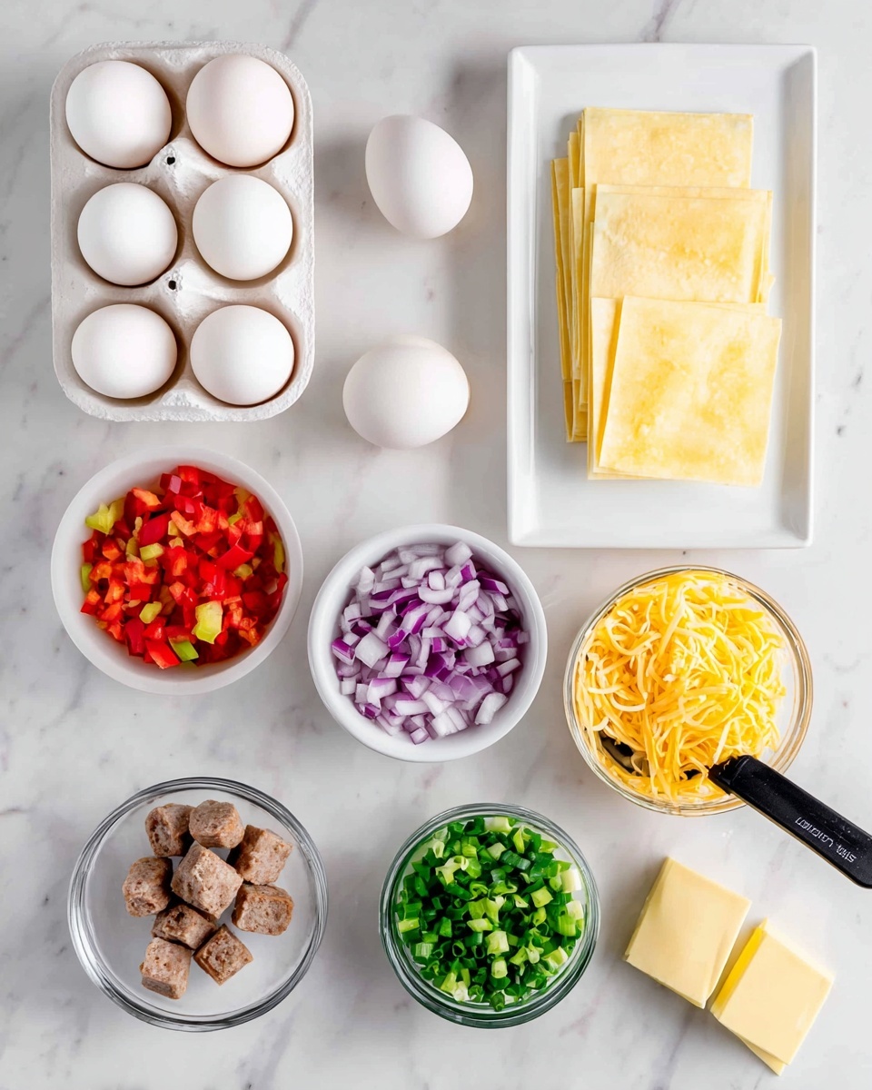 The image shows cooking ingredients neatly arranged on a white marbled surface. In the top left, there is a white tray with six white eggs and one egg placed beside it. To the right, on a white rectangular plate, there are two folded yellow layers of dough or pastry sheets stacked over a paper towel. Below, there is a white bowl filled with small red diced bell peppers, next to a small glass bowl with green chopped scallions. To the right, a black measuring cup holds a pile of shredded yellow cheese. Below these, there is a white bowl containing finely chopped purple onions and a clear bowl with sliced brown sausage pieces. Finally, two small stacked slices of pale yellow butter sit beside the glass bowl. Photo taken with an iphone --ar 4:5 --v 7