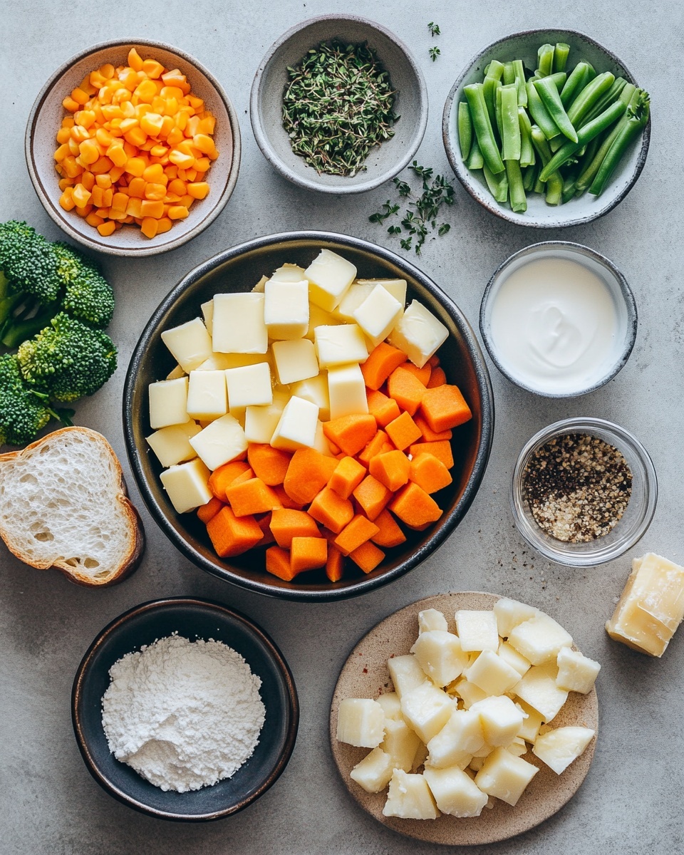 A white bowl is filled with thick creamy soup containing visible chunks of red potatoes, green broccoli pieces, yellow corn, orange carrots, and small bits of celery, all mixed in a pale yellow creamy broth with specks of black pepper scattered throughout. A silver spoon rests inside the bowl on the right side. In the background, there is a small piece of bread with a golden crust and green parsley leaves on the white marbled surface. A gray cloth is placed near the bowl, completing the cozy presentation. photo taken with an iphone --ar 4:5 --v 7