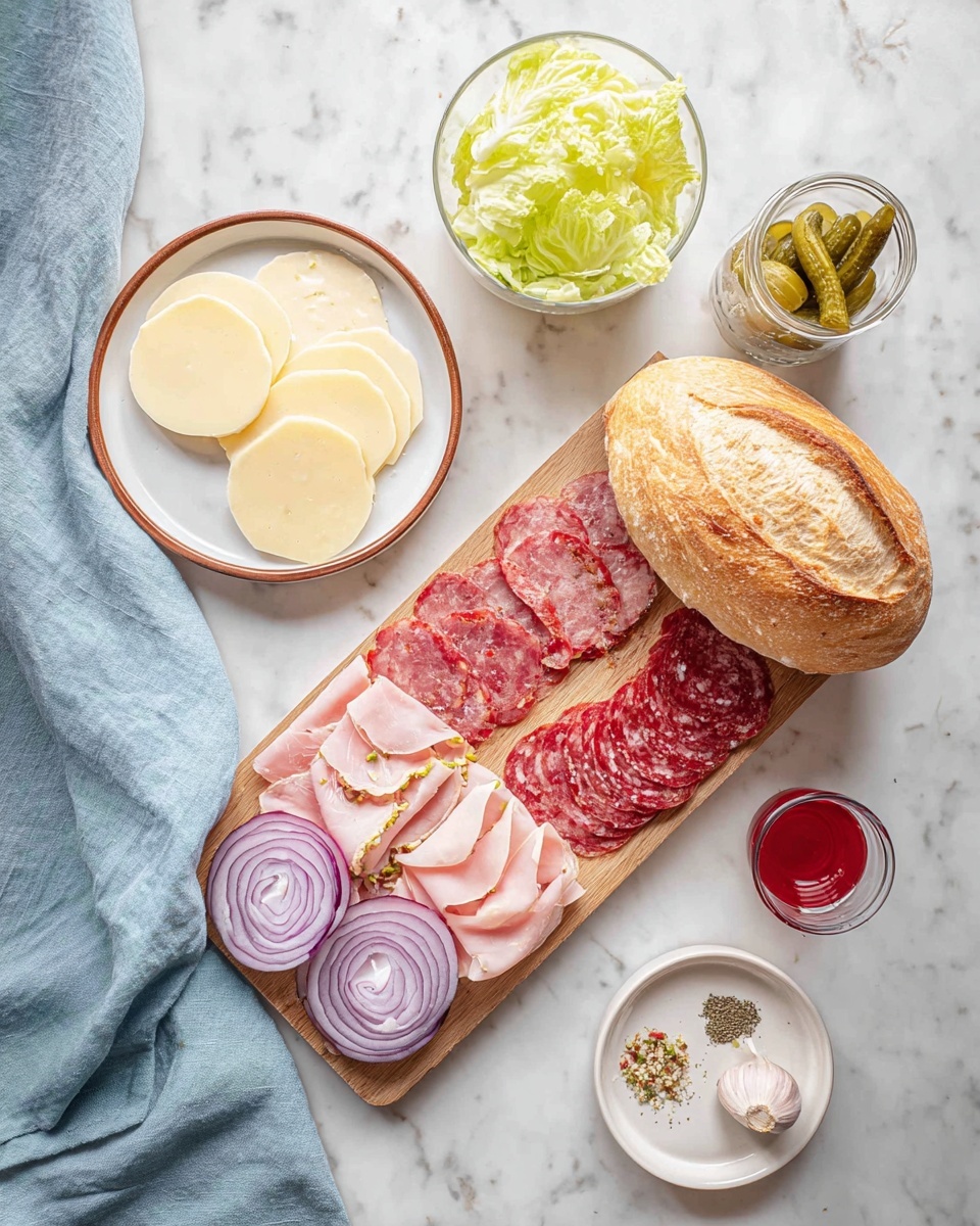The image shows ingredients laid out on a white marbled surface. At the top left is a wooden board holding three types of thinly sliced meats in three distinct layers from left to right: pinkish ham with visible nuts, reddish salami with white fat specks, and dark red cured meat with fat streaks. On the right side of the board is a crusty baguette with a golden-brown crust and light dusting of flour. Below the board is a white plate with three pale yellow cheese slices arranged side by side, a small pile of thinly sliced red onion rings, and a dollop of white mayonnaise near the bottom edge of the plate. To the right of that is a small glass bowl filled with light green lettuce leaves torn into pieces. Above the lettuce is a small glass jar of pickled green peppers. Near the top right is a white round dish with small piles of herbs, black peppercorns, garlic clove, and salt, and next to it is a white cup holding a reddish liquid. A light blue textured cloth is placed on the left side of the image. Photo taken with an iphone --ar 4:5 --v 7