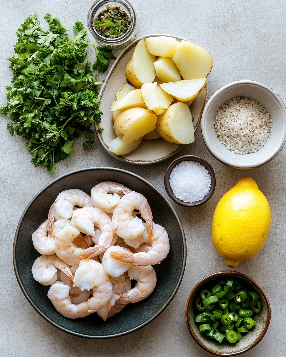 A white oval dish filled with a shrimp and potato mix placed on a white marbled surface. The bottom layer has cubed yellow potatoes cooked with some herbs and spices, showing a soft and slightly shiny texture. On top, there is a layer of pink, cooked shrimp arranged evenly, sprinkled with chopped green onions and small white crumbles, likely cheese. A silver spoon rests inside the dish on the right side. In the background, there is a green and white striped cloth draped casually, with a dark glass bottle and two small white bowls placed behind the dish. photo taken with an iphone --ar 4:5 --v 7