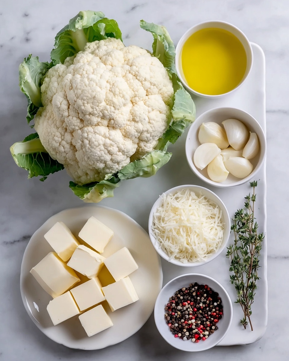 A close-up image showing one large whole white cauliflower with a few green leaves around it on a white marbled surface. To the right, there are three small white bowls: one with golden yellow olive oil, one with several peeled garlic cloves, and one with shredded white cheese. Below these, there is a small bunch of fresh thyme with green leaves and thin brown stems. To the bottom right, a small white bowl holds mixed black, white, and red peppercorns. On the lower left, a white plate displays several thick white blocks of butter. The overall setting is clean and bright with a focus on fresh ingredients. Photo taken with an iphone --ar 4:5 --v 7