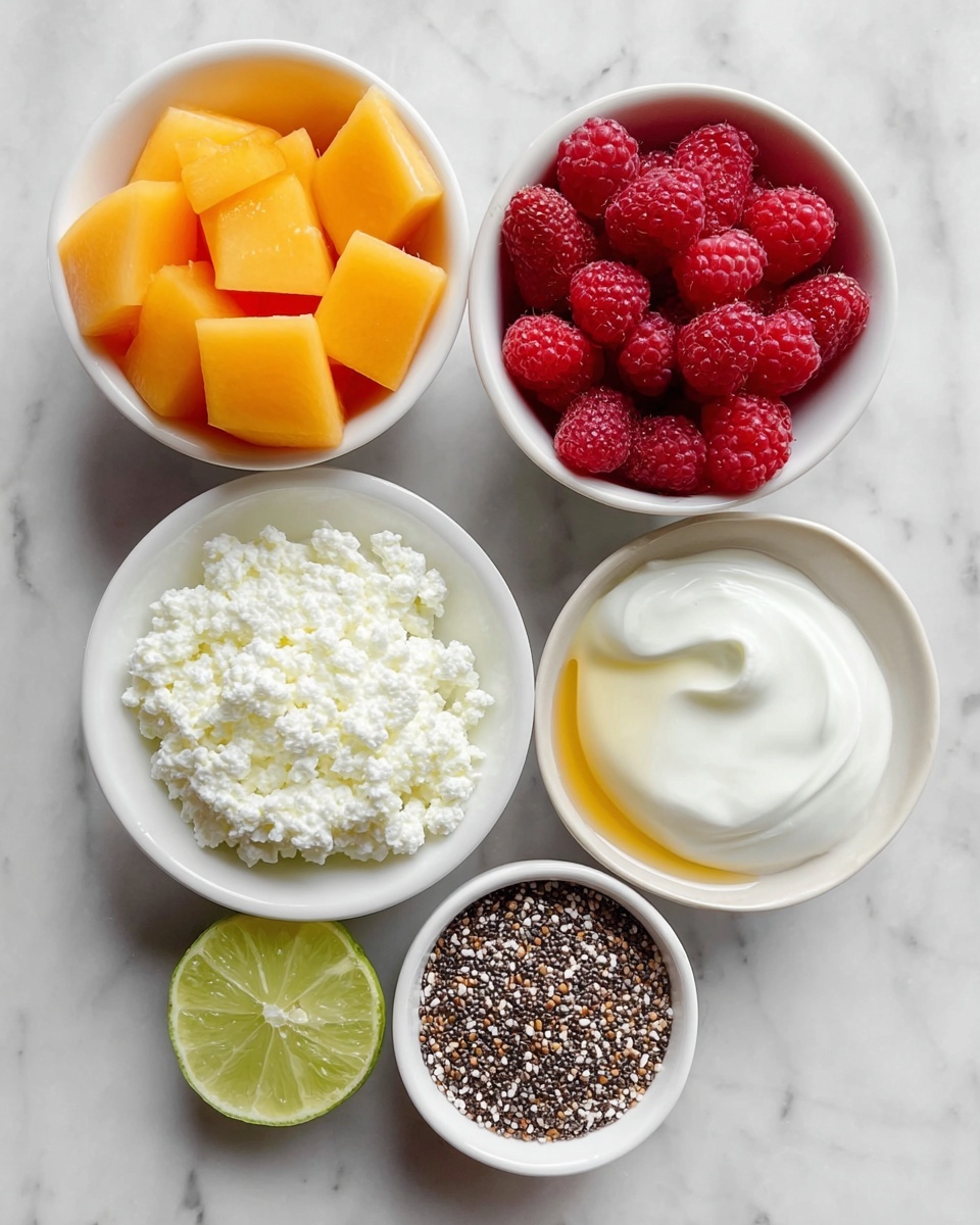 The image shows five small white bowls arranged on a white marbled surface. The top left bowl is filled with bright orange cantaloupe cubes, smooth and slightly shiny. To the right, a bowl holds fresh red raspberries with their textured skin. Below the cantaloupe, a bowl contains white cottage cheese with a bumpy texture. Next to it, a small plate has a halved lime with visible segments, a dollop of thick white cream, and a drizzle of light honey on the side. The bottom right bowl contains a mix of tiny chia and flax seeds in dark brown, white, and light tan colors, creating a speckled pattern. Photo taken with an iphone --ar 4:5 --v 7