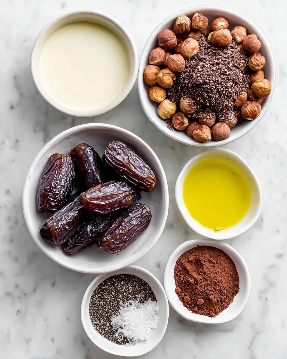 The image shows six small white bowls arranged on a white marbled surface. In the center is a bowl full of round hazelnuts that have a slightly rough texture and are brown with lighter beige patches. Below it to the left is a bowl of glossy, dark brown dates with wrinkled skin. To the right of the dates is a bowl filled with fine dark brown cocoa powder that has a smooth surface. Above the cocoa bowl is a small bowl of round, tiny gray chia seeds. To the top left is a bowl filled with creamy white liquid, and next to it on the right is a bowl of clear yellow olive oil, both with smooth surfaces. At the bottom right is a bowl with coarse white salt crystals. The bowls are neatly placed on the white marbled texture, creating a clean and organized look. photo taken with an iphone --ar 4:5 --v 7