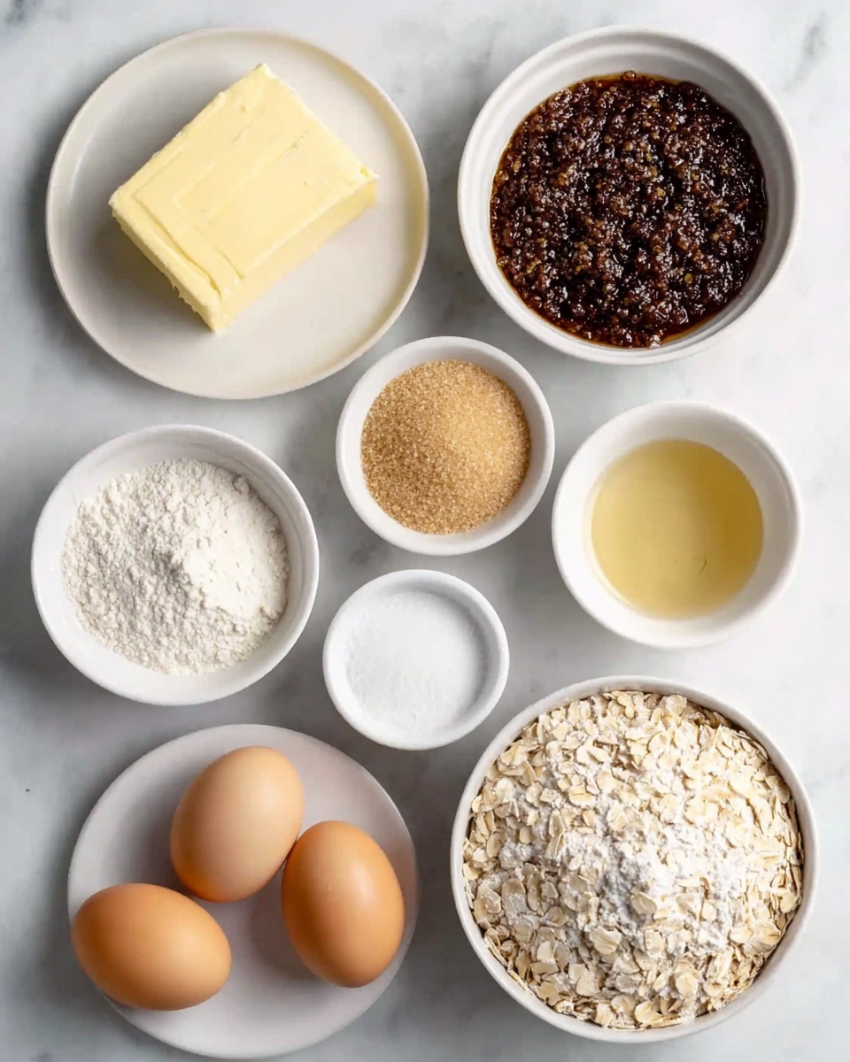 The image shows seven ingredients arranged on a white marbled surface. There is a plate with a rectangular block of pale yellow butter at the top left. To its right, a small white bowl filled with dark brown liquid containing visible spices sits next to a white bowl of light beige flour at the top right. Below the flour bowl is a larger white bowl filled with pale yellow rolled oats scattered with white flour dust. At the bottom left, three brown eggs are clustered together. Above the eggs, two small white bowls are placed side by side; the left one holds a clear liquid and the right one contains granulated white sugar. Above the sugar bowl is another small white bowl filled with brown sugar. All items are neatly placed with clear separation. photo taken with an iphone --ar 4:5 --v 7