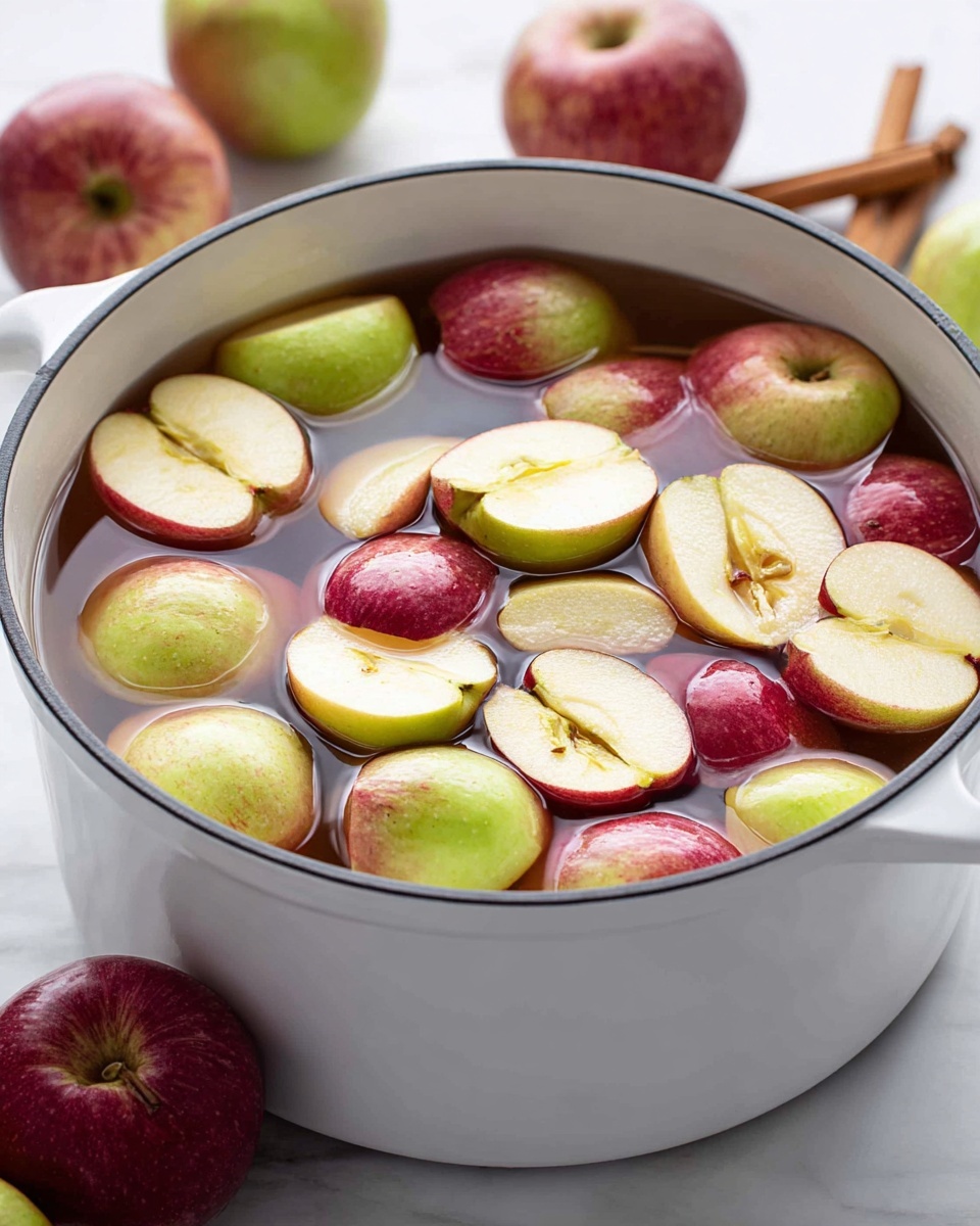 A white pot filled with water and many apple pieces floating on top. The apples are red and green, cut into thick slices showing their light yellow inside with some seeds visible. The water is clear, almost filling the pot, with the apples spreading evenly across the surface. The pot is on a white marbled surface with some whole apples and cinnamon sticks visible blurred in the background. photo taken with an iphone --ar 4:5 --v 7