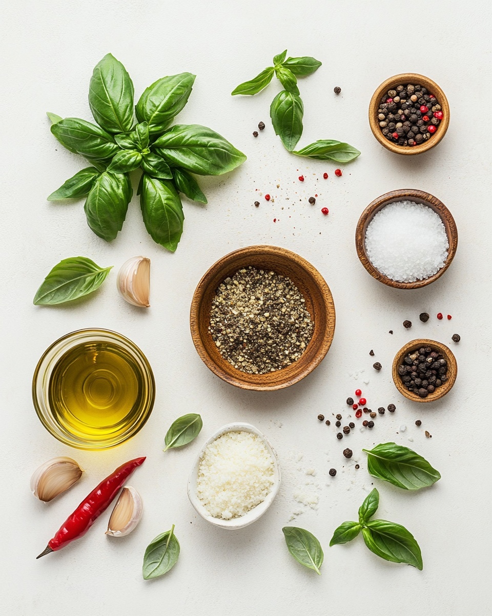 A white bowl on a white marbled surface holds a layer of golden olive oil, topped with clusters of finely chopped green herbs on the left side, bright red chili flakes near the top, finely minced garlic with a light beige color near the center right, and a mix of dried green herbs scattered on the right side. Around the bowl are pieces of crusty sliced bread with a golden brown crust and soft, light inside. The scene is simple with clear, fresh colors. Photo taken with an iphone --ar 4:5 --v 7