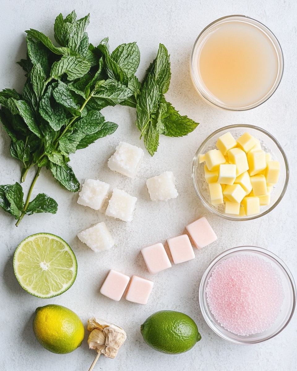Two tall clear glasses filled with pink sparkling drink show two layers: a bright red layer at the bottom and a lighter pink bubbly layer on top. Each glass is garnished with green mint leaves floating inside and a skewer resting on the rim, holding three round beads colored white, green, and pink. The rims of the glasses are coated with bright pink sugar. The glasses sit on a white surface with a pink flamingo pattern, accompanied by a shiny silver cocktail shaker, a jigger, and a long spoon. photo taken with an iphone --ar 4:5 --v 7