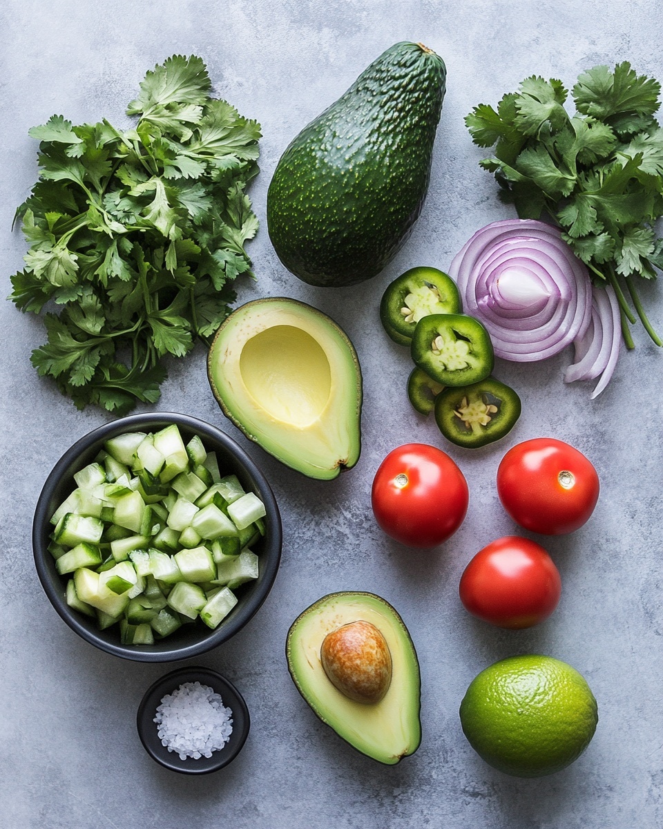 A light blue bowl filled with chunky green guacamole mixed with small pieces of red tomato and purple onion. The guacamole has a creamy yet textured look with visible bits of cilantro mixed in. A woman's hand is holding a triangular yellow tortilla chip covered with salt, dipping it into the guacamole. More tortilla chips are partially visible inside a woven basket on the left side, and lime wedges are placed on the white marbled surface near the bowl. Fresh cilantro leaves are scattered on the surface beside the bowl. photo taken with an iphone --ar 4:5 --v 7