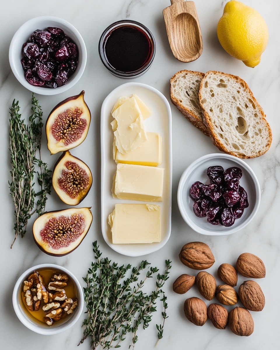 The image shows three rectangular pieces of flat cheese spread on a wooden board, each with different toppings. The closest piece has a creamy white cheese base with dark red jam dollops scattered on top, covered with chopped light brown nuts and dripping with amber-colored syrup. A slice of crusty bread with cheese and jam spread on it rests on a wooden-handled knife near this piece. The middle piece has a layer of white cheese topped with small dark red berries, chopped orange bits, green herbs, and nuts, garnished with long green rosemary sprigs. The farthest piece shows a layer of white cheese topped with bright red crushed fruit or jam. The wooden board is placed on a white marbled surface. photo taken with an iphone --ar 4:5 --v 7