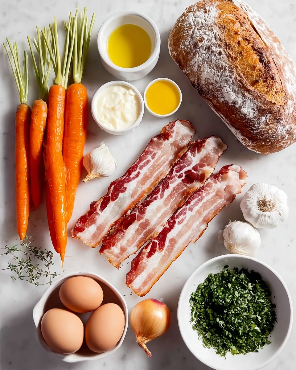 The image shows an arrangement of fresh ingredients on a white marbled surface: five bright orange carrots with green tops on the left, four thick slices of raw bacon with red and white marbled fat lying slightly overlapping in the center, and three light brown eggs in a white bowl at the bottom right. A golden brown loaf of crusty bread with a dusting of flour rests at the top right. Near the center top, two small white bowls hold a bright yellow liquid, likely oil, and a creamy white substance. To the left of the bacon is a yellow onion with papery skin, and below it are small green thyme sprigs. Two whole white garlic bulbs are placed to the right of the bacon, next to a white bowl filled with chopped green herbs in the center right. photo taken with an iphone --ar 4:5 --v 7