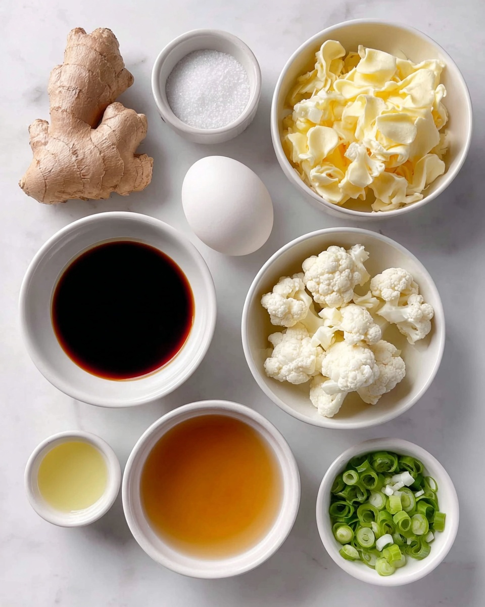 The image shows eight white bowls and small dishes arranged neatly on a white marbled surface. Starting from the top left, there is a big piece of light brown ginger root next to a white egg. Below them is a small round bowl filled with white granulated salt. To the right, a larger white bowl holds creamy yellow butter curls with a soft texture. Below the butter is another white bowl filled with white cauliflower florets. In the center left is a small bowl with dark brown soy sauce. Next to it, a tiny dish contains light yellow liquid, likely vinegar or oil. At the bottom left is a larger bowl filled with clear amber broth. Finally, in the bottom right corner, there is a small bowl of chopped green onions with fresh, bright green rings. Photo taken with an iphone --ar 4:5 --v 7