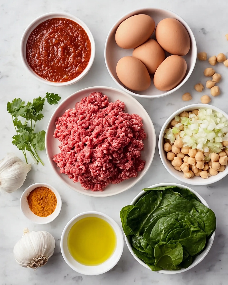 The image shows a group of ingredients laid out on a white marbled surface. In the center, there is a white plate filled with raw ground meat, showing a coarse texture with a pinkish-red color. Surrounding this plate are small white bowls containing different items: at the top left, a thick red tomato sauce with a textured surface; at the top right, four brown eggs arranged closely together; to the right of the meat, a white bowl filled with light yellow chopped onions; below the onions, a white bowl packed with round, light beige chickpeas; below the meat, a white bowl holding a small amount of golden yellow oil; at the bottom left, a white bowl full of fresh, dark green spinach leaves. There is also a small white dish with a bright yellow-orange spice powder, a peeled garlic bulb and a couple of garlic cloves near the spinach, and some sprigs of fresh green cilantro placed near the oil bowl. The colors are vibrant and natural, with a clean and organized arrangement. Photo taken with an iphone --ar 4:5 --v 7