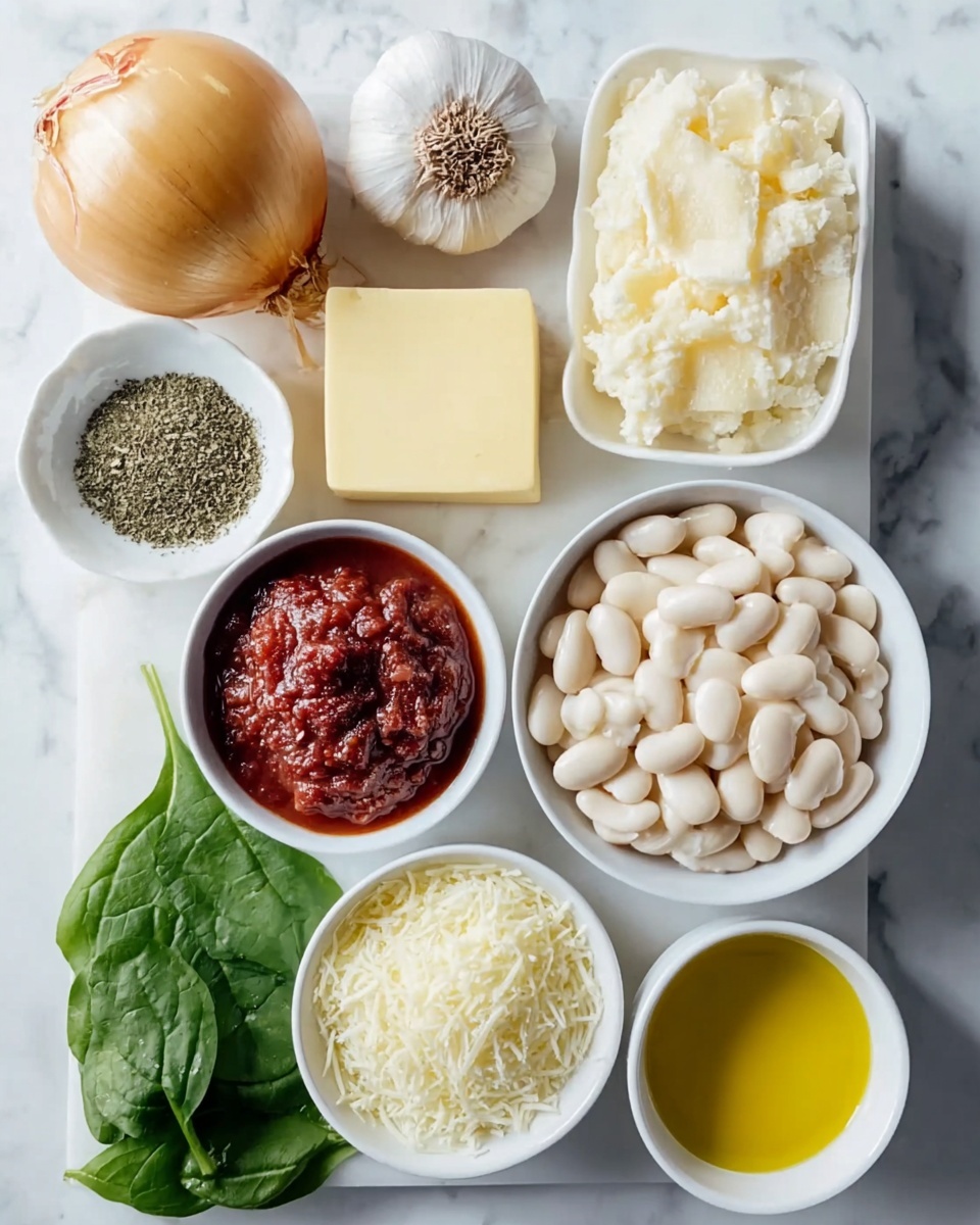 The image shows a white marbled surface with several key ingredients arranged neatly. There is a white bowl filled with white beans on the right side, and next to it is a square block of pale yellow butter centered at the top. Below the butter is a small white bowl with a dark red chunky sauce. Above the butter is a whole garlic bulb and a white bowl with dried green herbs. On the left, there is a whole yellow onion and a few fresh green spinach leaves near the bottom left corner. In the bottom center, there is a small white bowl filled with white shredded cheese, and to the right of it, a small white bowl with golden olive oil. Another bowl filled with olive oil is at the top left. The photo shows these ingredients clearly placed on a white marbled surface. photo taken with an iphone --ar 4:5 --v 7