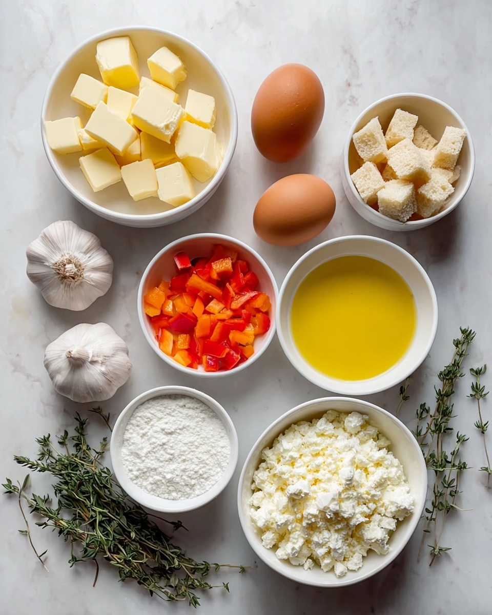 The image shows eight ingredients neatly arranged on a white marbled surface. Starting from the top left, there is a white bowl filled with square chunks of butter, and below it, three brown eggs placed closely together, with a whole garlic bulb below the eggs. In the center, a small white bowl contains mixed diced red and orange bell peppers. To the right, a larger white bowl is filled with a golden-yellow liquid, likely oil. Below the oil, there is another white bowl containing a white powder, possibly flour or cornstarch. Toward the bottom right, a white bowl holds a heap of crumbly white cheese. Above the cheese and to the left, a small white bowl has several bread cubes. There are also sprigs of fresh green thyme laid out in the bottom left corner and scattered nearby. The scene is clean and bright, with each ingredient clearly visible. Photo taken with an iphone --ar 4:5 --v 7
