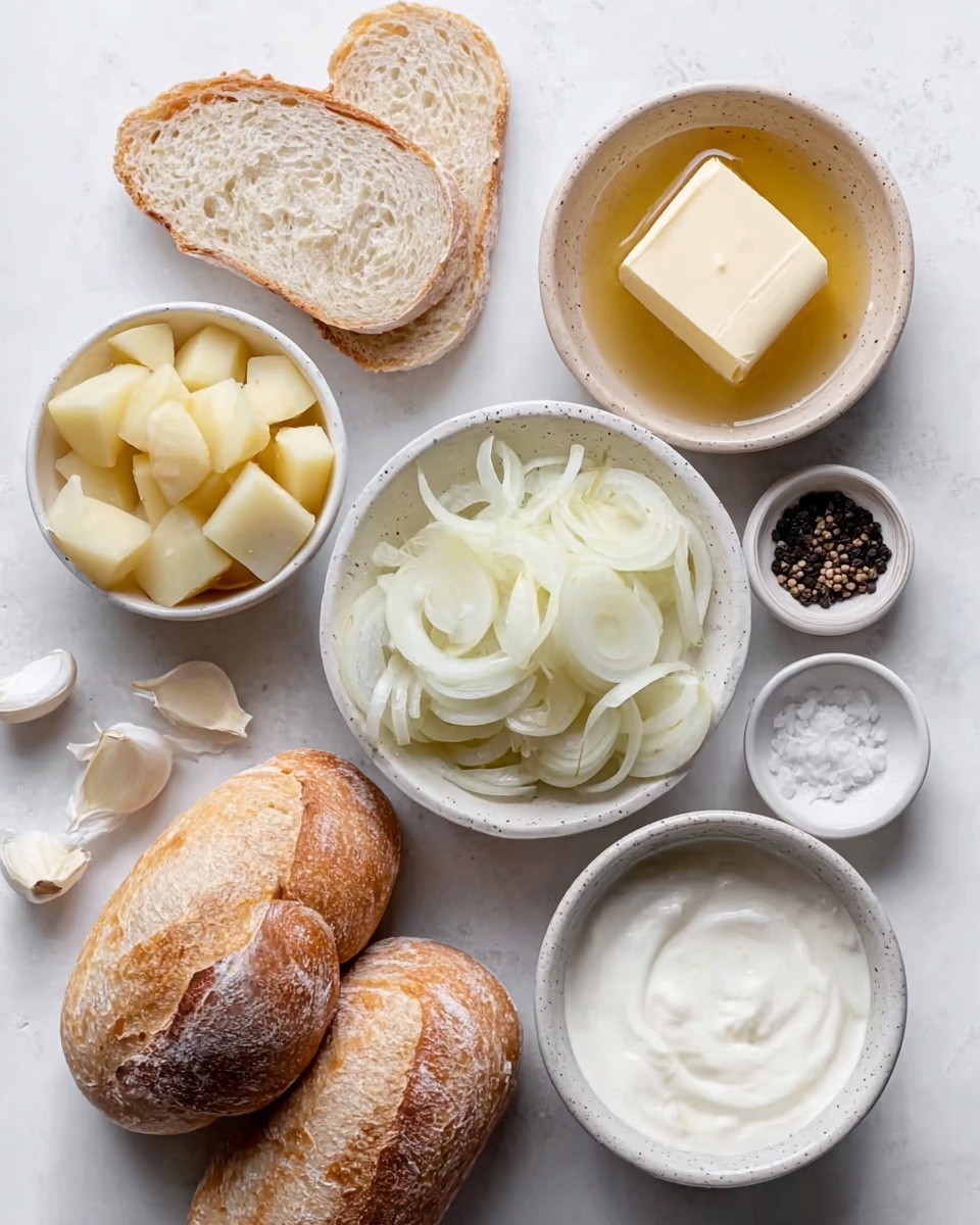The image shows several white bowls and plates with ingredients arranged on a white marbled surface. One round white bowl is filled with peeled potatoes cut into chunks, placed near two slices of crusty white bread. Another white bowl contains thinly sliced onions, showing layers of pale white and light green. A speckled beige bowl holds a block of butter sitting in honey or syrup-like liquid, positioned near two round loaves of crusty bread. There is also a white bowl filled with thick white cream or yogurt. Next to that are three peeled garlic cloves, a small round white dish of coarse salt, and another small white dish with whole black peppercorns. The colors are soft and natural, focusing on white, beige, and light yellow tones. photo taken with an iphone --ar 4:5 --v 7