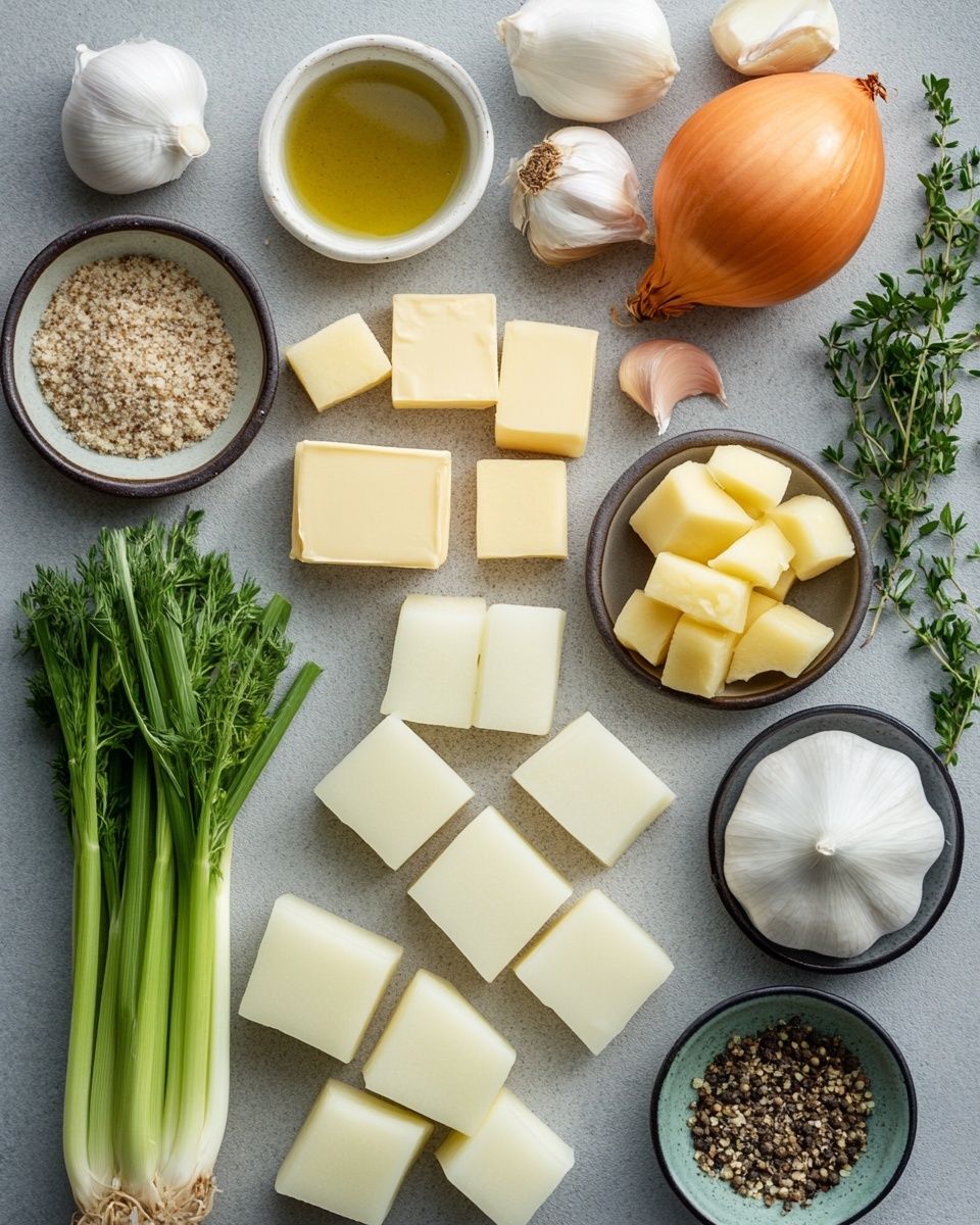 The image shows several ingredients neatly arranged on a white marbled surface. There is a large knobby cream and brown root vegetable placed at the top right. Next to it on the left, a white bowl holds several pale yellow cubes. Below the root, there is a whole light brown onion, and to its right, a small white bowl contains coarse white salt. To the left of the onion, fresh green celery stalks lay vertically. Below the celery, a small white bowl holds light golden oil, with another small bowl next to it containing a mix of black, white, and green peppercorns. Below these, sprigs of fresh green thyme and a couple of peeled white garlic cloves rest next to each other. Two fresh green sage leaves are placed below the salt. At the bottom left, a white bowl contains smooth, creamy white sauce or mixture. To the bottom right, another white bowl is filled with small golden brown bread cubes. The colors range from light cream, pale yellow, green, brown, and white, creating a fresh and natural look. Photo taken with an iphone --ar 4:5 --v 7