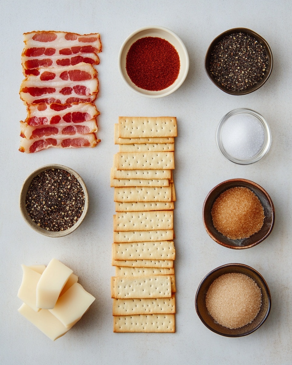 A close-up photo shows a pile of rectangular crackers with a shiny, reddish-brown crispy layer on top that looks like bacon, sprinkled with black pepper. Each cracker has one strip of the shiny bacon-like layer, which is oily and textured, covering almost the entire surface. The crackers are light brown with a slightly rough texture and small holes along the edges. A woman's hand is holding one cracker, lifting it above the pile on a white plate, all set on a white marbled surface. photo taken with an iphone --ar 4:5 --v 7