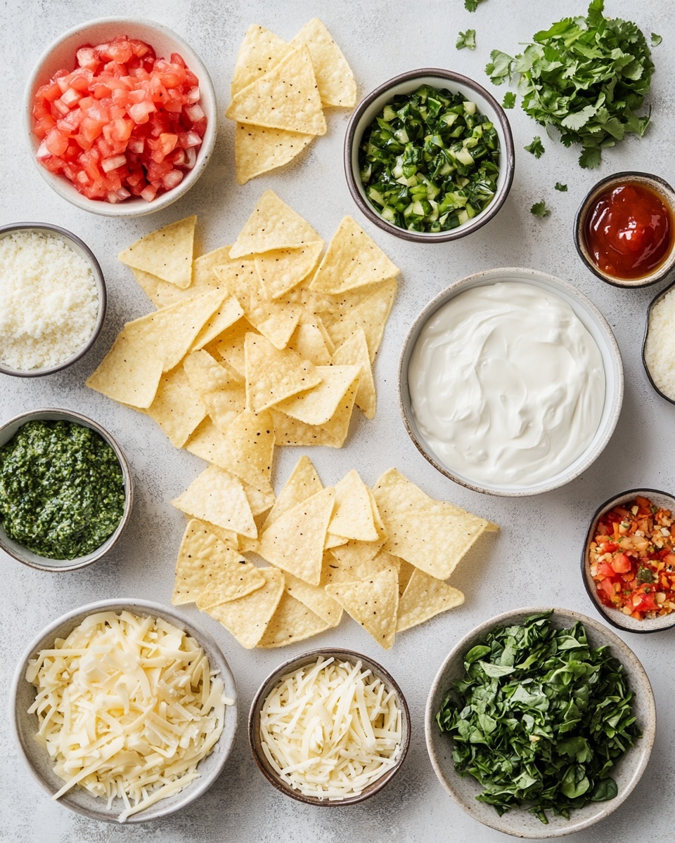 A close-up of a woman's hand holding a round, textured yellow corn chip scooping up a creamy, cheesy dip with visible green spinach leaves mixed in. The dip is layered on a white plate where melted, slightly browned cheese with golden orange and light brown spots spreads beneath the creamy top layer. The creamy dip looks soft and smooth, while the melted cheese underneath adds a slightly bubbly and browned texture. The background shows a white marbled surface. Photo taken with an iphone --ar 4:5 --v 7