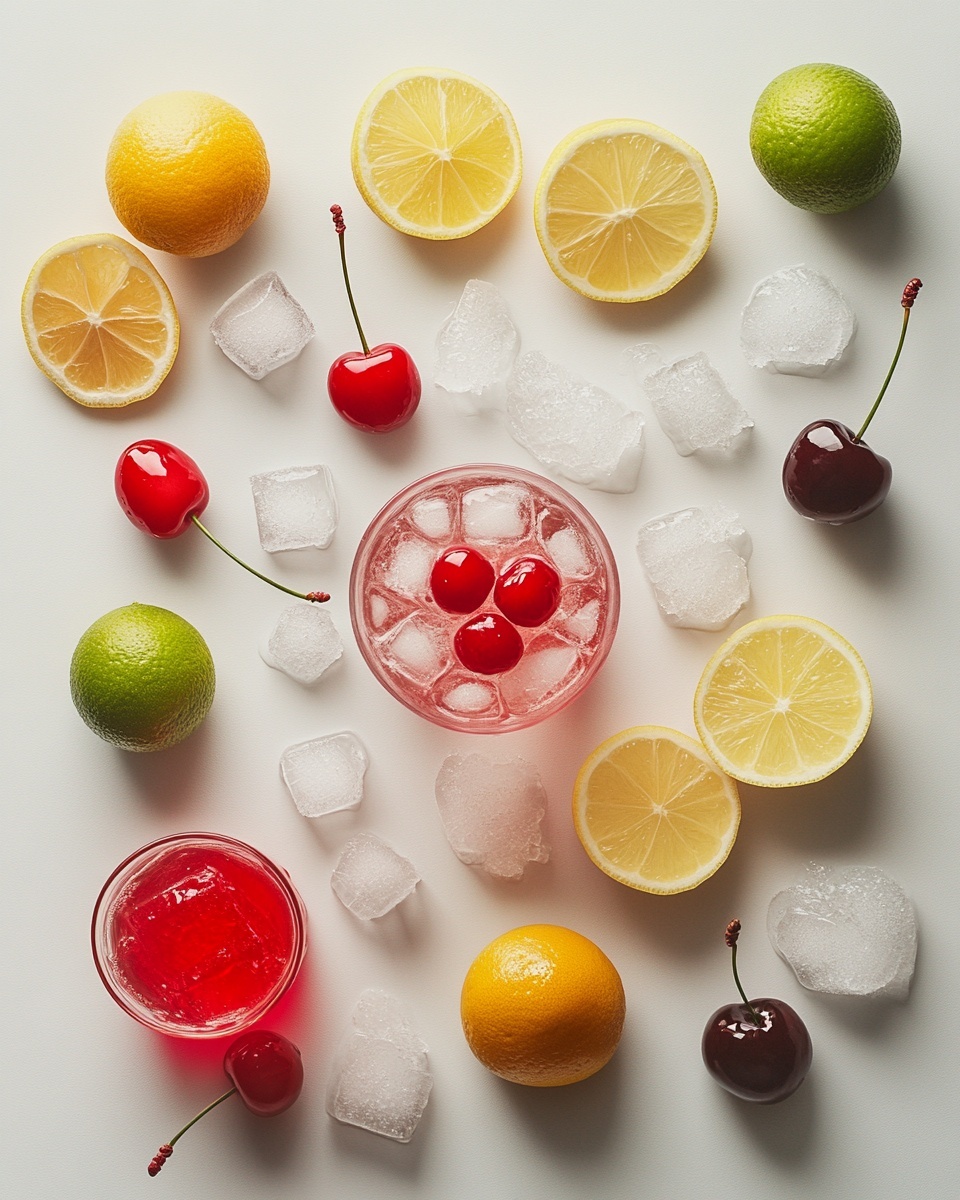 The image shows a clear glass filled with three visible layers: a deep red liquid at the bottom, a middle layer with light pink ice cubes filling most of the glass, and a top layer with a garnish of two bright red cherries. A thin green slice of lime is placed on the glass rim on the left side. In the background, another glass with a similar drink and lime slice is slightly blurred, along with a white marbled surface. The photo has a bright and fresh look, emphasizing the contrast between the red drink, white ice, and green lime. photo taken with an iphone --ar 4:5 --v 7