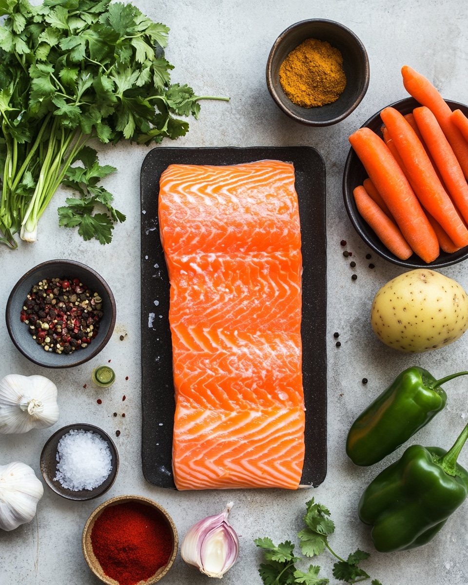 The image shows a close-up of five pieces of cooked salmon fillets in a thick red sauce with visible herbs and spices covering them. The salmon pieces are medium orange with some charred spots, layered on a bed of cooked red and orange pepper slices and other vegetables in the sauce. Bright green chopped herbs are sprinkled evenly on top, and thin lemon slices with yellow rind are placed between the salmon pieces. The dish sits inside a cooking pot, surrounded by more sauce and vegetables, with a shiny texture on the sauce from the cooking oil or juices. The surface beneath the pot is a white marbled texture. Photo taken with an iphone --ar 4:5 --v 7