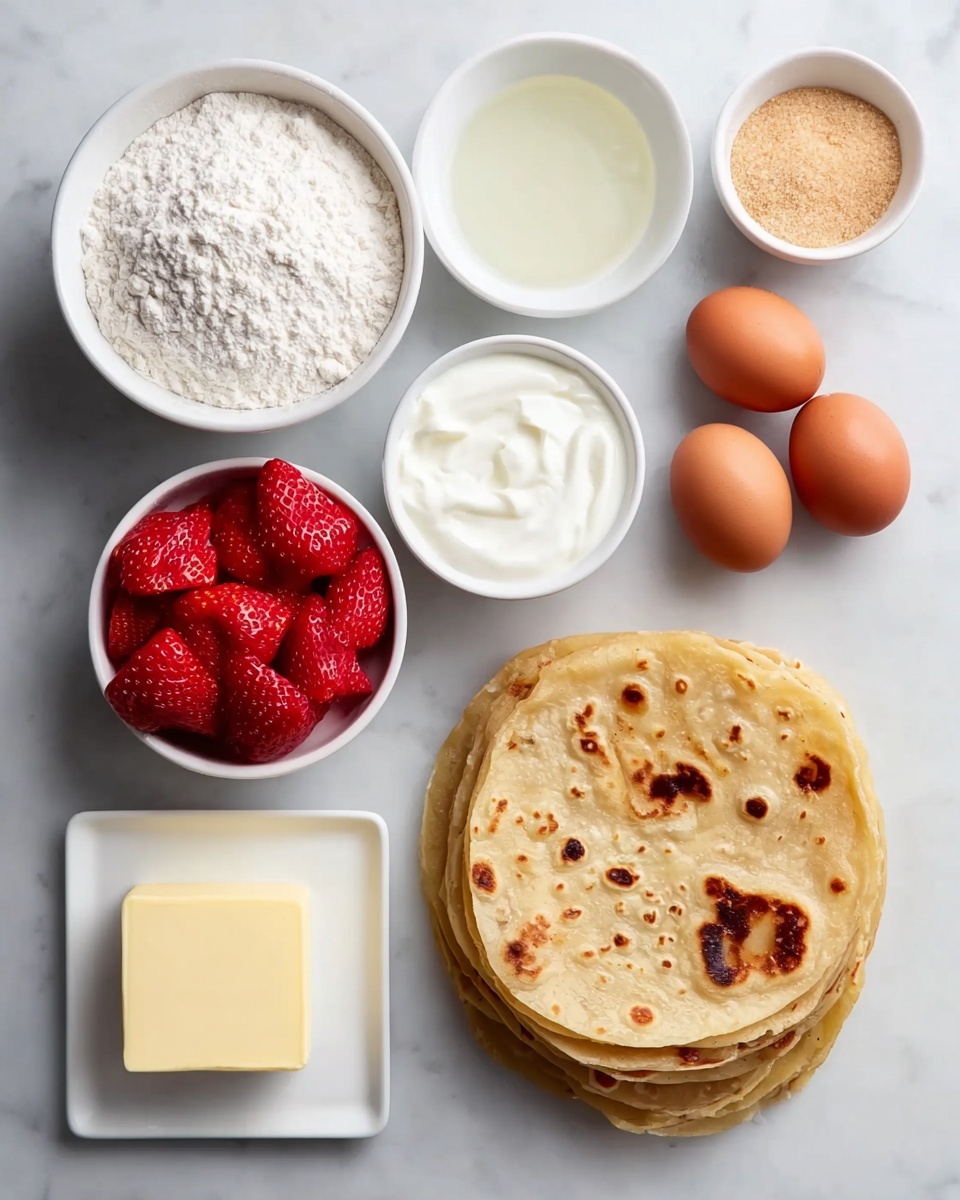 The image shows cooking ingredients neatly arranged on a white marbled surface. On the right side, there is a stack of golden-brown flatbreads with some darker toasted spots on top. To the left of the flatbreads, a white bowl filled with fine white flour is placed. Below it, another white bowl holds a clear liquid with white granules, likely oil and sugar. Next to it, a small white bowl contains light brown sugar. To the right of the sugar bowl, there is a larger white bowl filled with thick white yogurt or cream. Below the yogurt bowl, another small white bowl holds bright red chopped strawberries. At the bottom left, a square white plate holds a block of pale yellow butter. Finally, three brown eggs sit directly on the marbled surface near the bottom right of the image. Photo taken with an iphone --ar 4:5 --v 7