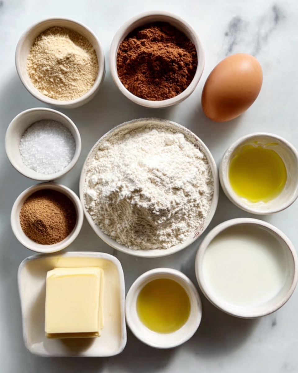 Several small white bowls and one white plate are arranged on a white marbled surface. The plate holds a mound of white flour with a soft texture. Surrounding it are white bowls containing various ingredients: an egg standing upright with a smooth, brown shell; a bowl of light brown ingredients with a rough texture; a bowl with dark brown powder with a fine texture; a bowl of white salt crystals; a bowl of clear golden yellow oil; a bowl filled with white milk; a bowl with finely ground brown spice; and a square white dish holding a thick, pale yellow butter block. photo taken with an iphone --ar 4:5 --v 7