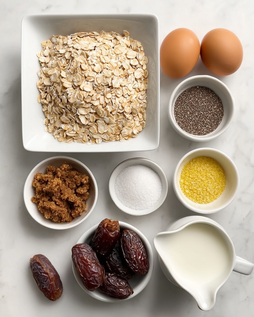 The image shows various baking ingredients neatly arranged on a white marbled surface. There is a large white square bowl filled with rolled oats in the center. Surrounding it are small white round bowls holding brown sugar, chopped dates, chia seeds, grated ginger, and white salt. Two brown eggs lie side by side near the top right. A small white jug filled with milk is placed at the bottom right, and a white bowl with several large, dark brown dates is at the bottom left. The colors range from light beige oats to dark brown dates, with the other ingredients showing white, yellow, and brown shades, all presented in clean white bowls and containers photo taken with an iphone --ar 4:5 --v 7