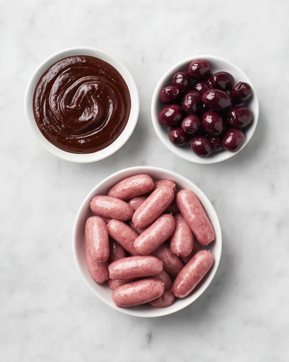 The image shows three white dishes on a white marbled surface. The largest dish at the bottom holds many small, plump pink sausages closely packed together. Above and to the right is a small round white bowl full of shiny dark purple olives, filling the bowl completely. To the left, another small round white bowl contains a thick, smooth dark brown sauce with a slight swirl texture on top. The setup is clean and simple, with the focus on the different colors and textures of the sausages, olives, and sauce. photo taken with an iphone --ar 4:5 --v 7