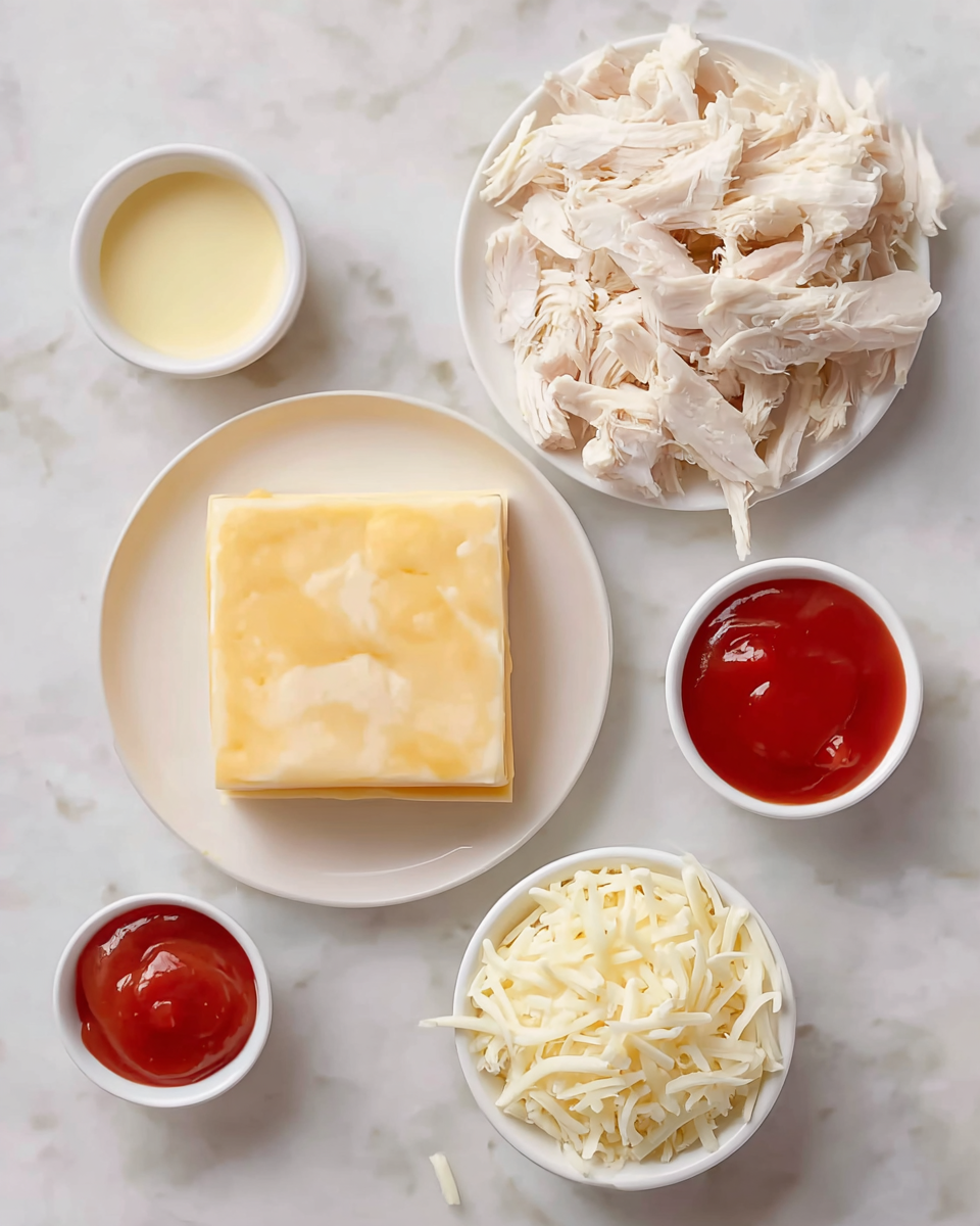 The image shows five white dishes placed on a white marbled surface. At the center bottom is a white plate holding a thick, square slab of pale yellow cheese with a slightly glossy and uneven texture. To the top right, a white plate is heaped with shredded white chicken meat in loose, fibrous strips. Surrounding these plates are three small white bowls containing different sauces and cheese: the top left bowl holds a light yellow liquid, the bottom left bowl contains a light cream-colored sauce, and the right bowl has bright red ketchup. Below the ketchup bowl is another white bowl filled with shredded white cheese strands. Photo taken with an iphone --ar 4:5 --v 7