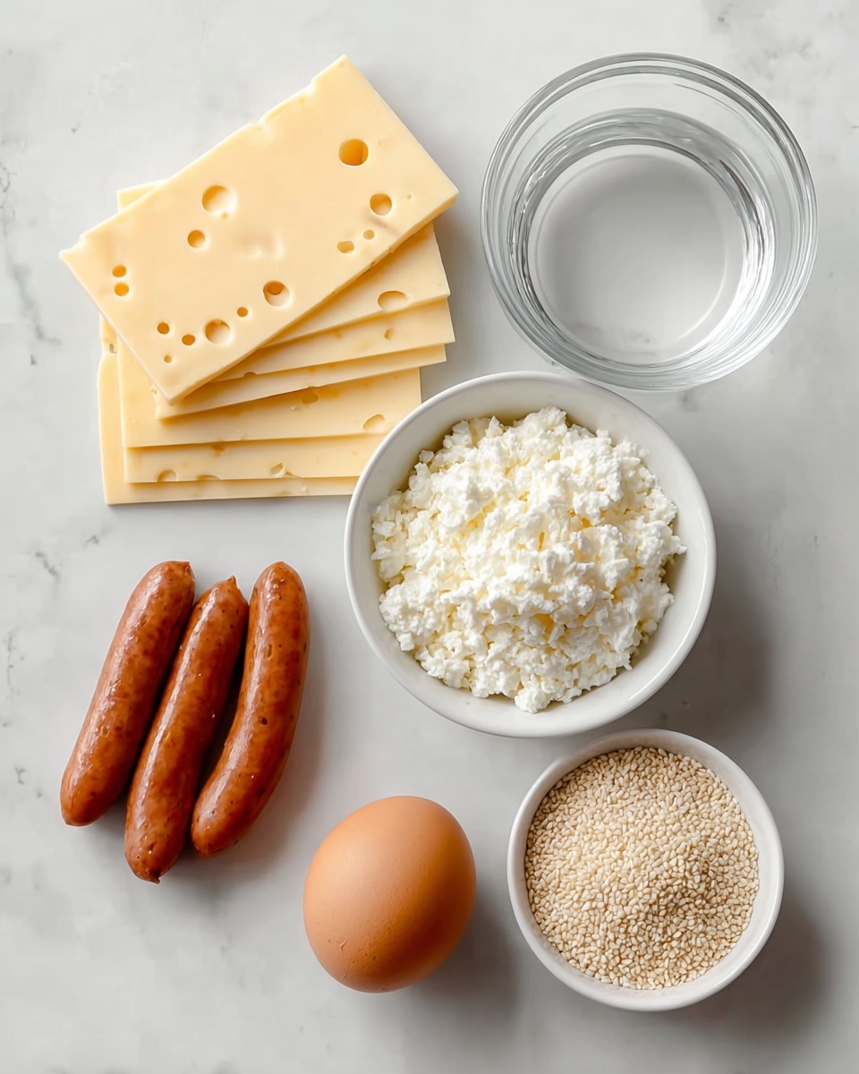 The image shows six food items placed on a white marbled surface. On the top left, there are five stacked slices of pale yellow cheese with small holes, arranged slightly unevenly. To their right, there is a clear glass bowl filled with water. Below the water is a small white bowl full of white, crumbly cottage cheese. At the bottom left, there are five small brown sausages clustered close together. Next to the sausages, near the middle of the image, is a single brown egg. At the bottom right, there is a small white bowl filled with light beige sesame seeds. The layout is neat with each ingredient clearly visible. photo taken with an iphone --ar 4:5 --v 7