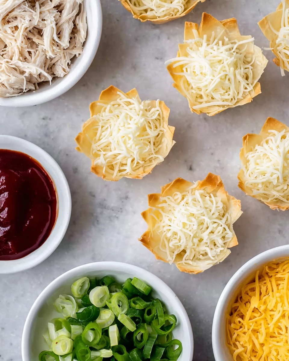 The image shows several small crispy cups made from a light golden, thin pastry, each filled with shredded white cheese on top. Around the cups are five white bowls, each holding different ingredients: one bowl contains shredded cooked light brown chicken, another has bright green sliced scallions, a third is filled with finely shredded yellow cheese, and the last bowl has a smooth, glossy dark red sauce. All the items are placed on a white marbled surface. photo taken with an iphone --ar 4:5 --v 7