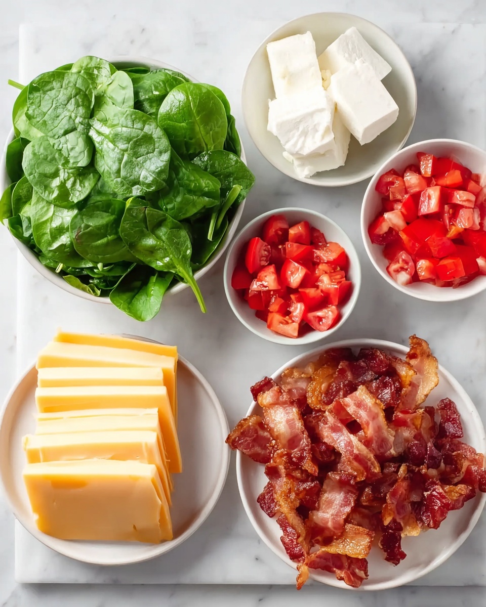 Five white bowls and plates are placed on a white marbled surface. In the top left, there is a bowl filled with fresh green spinach leaves. To its right is a bowl with several white blocks of cream cheese. Below the spinach, a small bowl contains small pieces of red diced tomatoes. At the bottom left, a plate holds several slices of yellow cheese stacked in layers. In the middle right, a plate is covered with crispy cooked bacon strips showing brown and reddish hues. At the bottom right, another small bowl contains more diced red tomatoes. photo taken with an iphone --ar 4:5 --v 7