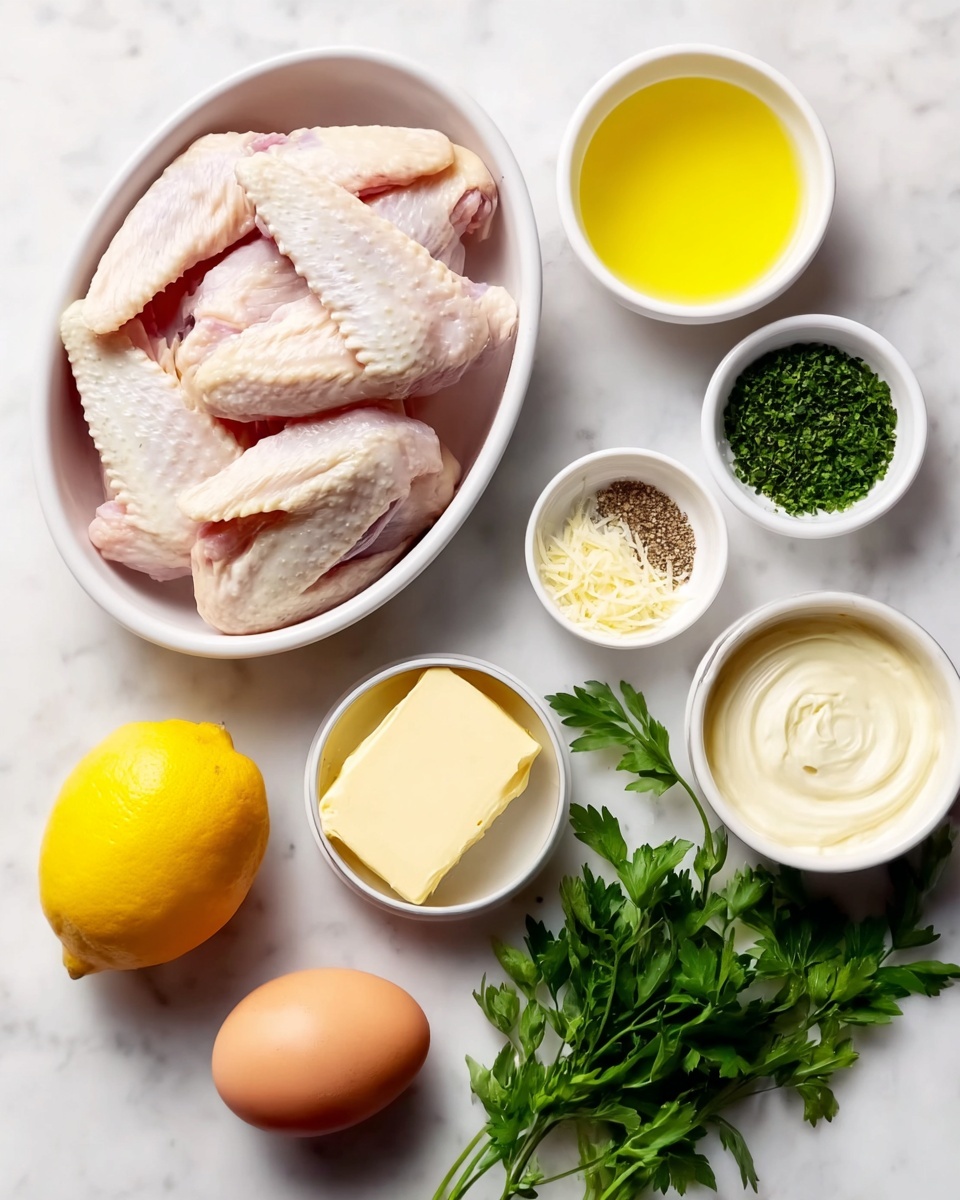 A white oval bowl in the center holds several raw chicken wings, pinkish-white with a slightly shiny texture. Around the bowl are small white bowls: one with bright yellow melted butter, one with finely chopped dark green parsley, one with light brown ground pepper, one with a solid pale yellow square of butter, one with creamy off-white sauce swirled smoothly, and one with finely grated pale yellow cheese. Two brown eggs sit near the bottom right, and a whole bright yellow lemon is to the left. Fresh green parsley sprigs lay on the white marbled surface near the bottom left. The arrangement is neat, well-lit, and all items are spaced evenly. Photo taken with an iphone --ar 4:5 --v 7
