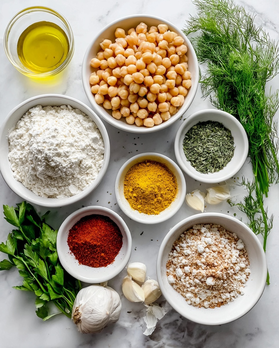 The image shows a white marbled surface with eight white bowls and some fresh herbs arranged neatly. In the center, there is a bowl filled with light beige chickpeas. Above it, a bowl piled high with white flour. To the right of the flour is a bowl of dry green herbs, and below it two small bowls contain bright yellow and deep red powdered spices. Below the chickpeas, there is a whole garlic bulb with a few peeled cloves scattered around. To the left of the chickpeas, a bowl filled with a coarse white and brown mixture. Next to the bowls, fresh green herbs including parsley and dill lie flat on the surface. A small glass bowl with golden oil sits near the top left corner. Photo taken with an iphone --ar 4:5 --v 7