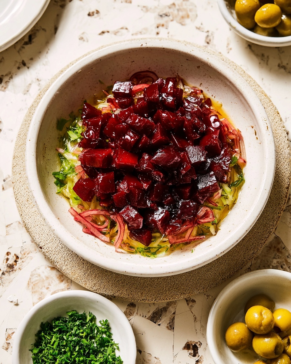 This image shows a close-up of a salad with three main layers: deep red beet cubes, thinly sliced pinkish-red onions, and scattered small pieces of light green olives. The salad is mixed with finely chopped bright green herbs, which add a fresh texture. The beet cubes are shiny with juice, and the onions look soft and slightly translucent. The dish sits in a white bowl on a white marbled surface, with some liquid pooling at the bottom, making the colors look more vibrant. photo taken with an iphone --ar 4:5 --v 7