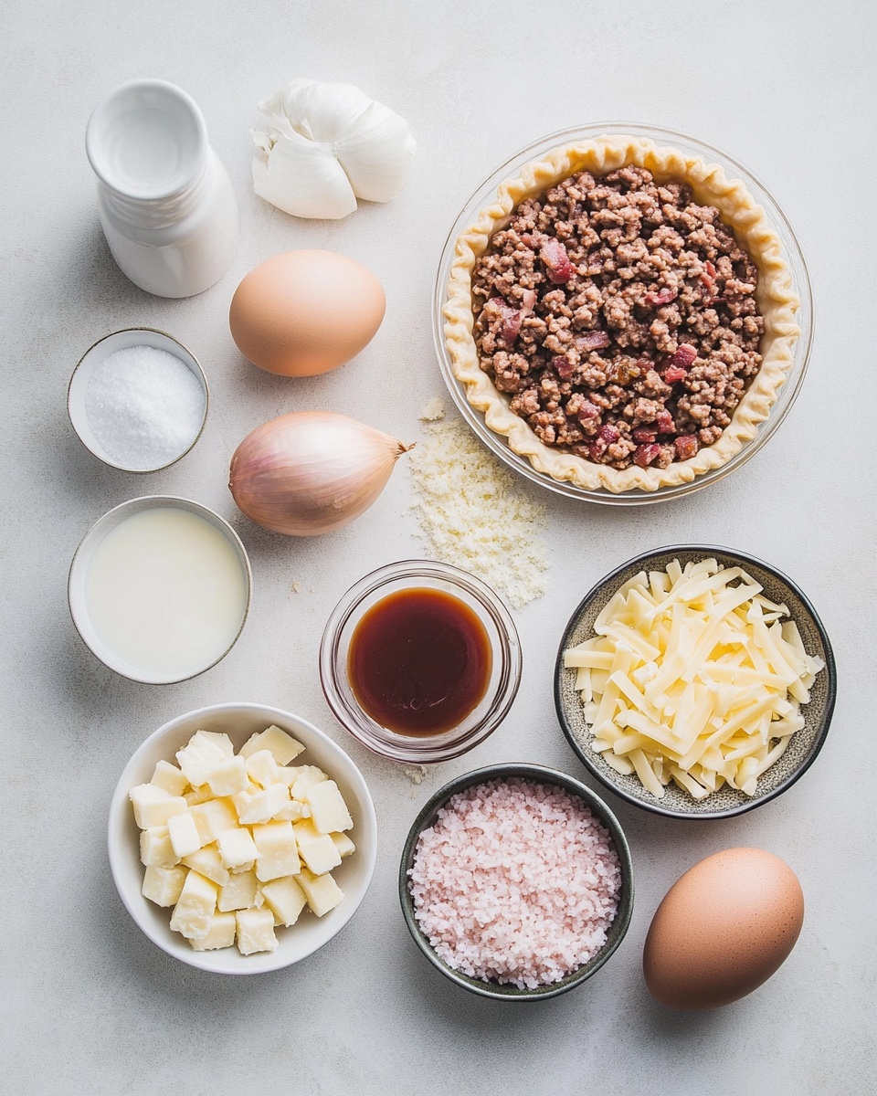 A single slice of savory pie sits on a white plate with a ridged edge, resting on a white marbled surface. The pie has three distinct layers: a light golden-brown crust at the bottom and edges, a thick dark brown minced meat filling in the middle with a crumbly texture, and a melted layer of yellow and white cheese on top, melted unevenly with some shiny spots and small green garnishes scattered over it. The background shows a blurred glass pie dish containing the remaining pie. Photo taken with an iphone --ar 4:5 --v 7