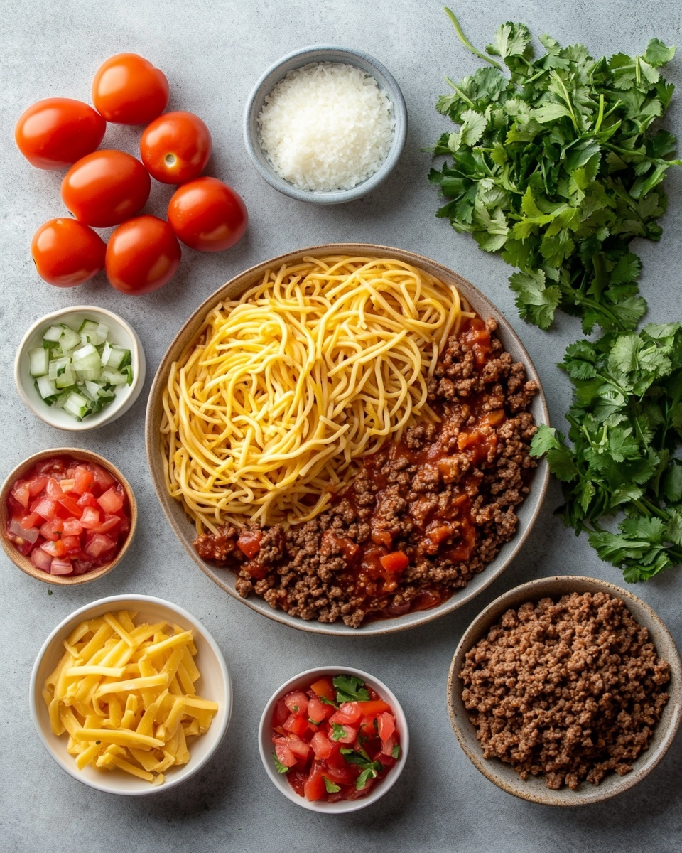 A close-up view of a white plate filled with spaghetti mixed with a red tomato sauce containing small brown meat pieces and bright green chopped herbs scattered on top. A silver fork twirls a portion of the spaghetti, lifting it slightly above the plate. In the background, there is another large white bowl also loaded with spaghetti in tomato sauce, and a small wooden bowl filled with finely chopped green herbs. The scene is set against a white marbled surface with a black and white striped cloth partially visible in the lower part of the image. Photo taken with an iphone --ar 4:5 --v 7