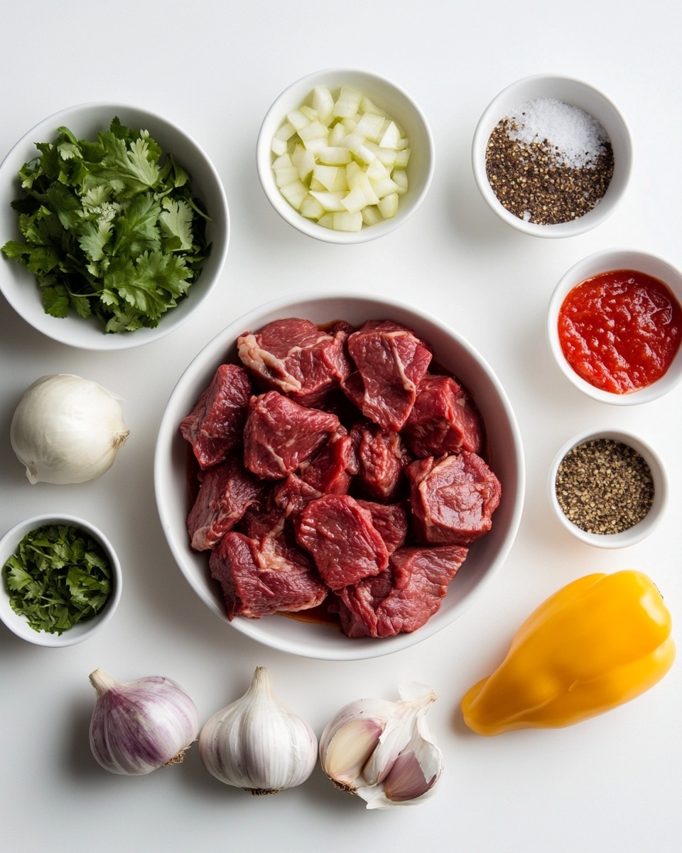 The image shows five small tacos lined up on a white plate placed on a white marbled surface. Each taco has a bright orange, slightly crispy tortilla folded around a filling of dark brown shredded meat that looks juicy and tender. On top of the meat, there are small pieces of white and purple onion, and green chopped cilantro scattered evenly inside and over the tacos. The tortillas have a slightly rough texture and appear to hold their shape well. The close-up view shows the detailed textures of the meat and fresh toppings. photo taken with an iphone --ar 4:5 --v 7