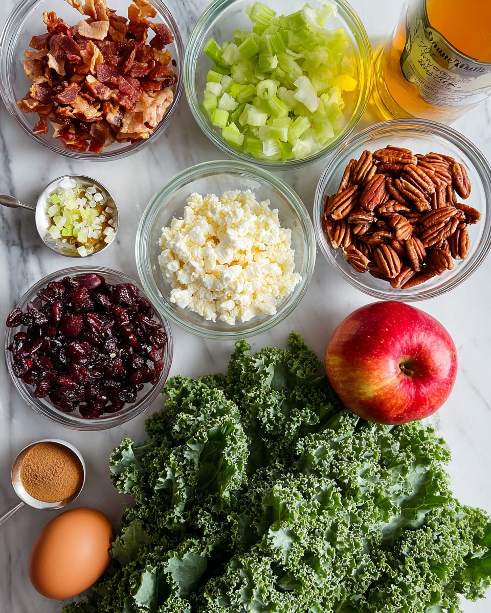 The image shows a collection of fresh ingredients arranged on a white marbled surface, including a large bunch of curly green kale leaves at the bottom. Above the kale, there are clear glass bowls containing different ingredients: one bowl with light green chopped celery, one with crispy brown bacon pieces, one filled with rough white cheese crumbles, one containing dark red dried cranberries, and another full of rich brown pecan halves. There is also a small bowl with finely chopped shallots, a small round bowl with white and brown spices, a whole red apple with shiny skin, a single brown egg, a partially visible orange bottle, and a bottle of extra virgin olive oil at the top right. The composition is bright and colorful with natural textures. Photo taken with an iphone --ar 4:5 --v 7