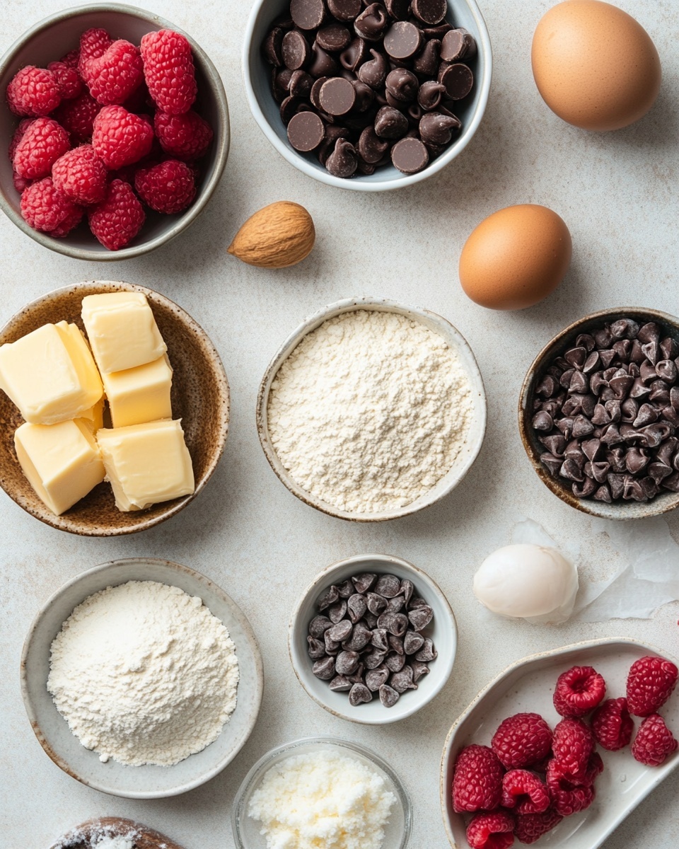 Three square brownies sit closely together on a white plate with a white marbled surface beneath. Each brownie has two main visible layers: a dense, dark brown base that looks moist and fudgy, and a thinner, lighter brown crust on top that is cracked and slightly shiny. Swirled into the top crust of each brownie is a glossy dark red jam, creating rich circular patterns with uneven edges. Thin streaks of dark chocolate drizzle cross over the jam and crust, adding extra detail and texture to the surface. In the background, a glass jar filled with more dark red jam and a stack of white plates are slightly out of focus. Photo taken with an iphone --ar 4:5 --v 7