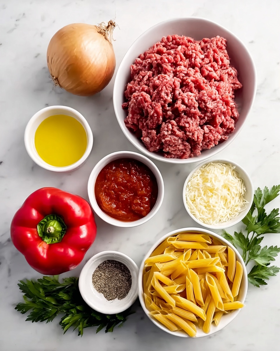 A close-up view of a white bowl filled with penne pasta mixed evenly with a thick red tomato sauce containing chunky pieces of ground meat and small diced tomatoes. The pasta is coated in the sauce, showing a bright orange-red color with some green herb bits sprinkled on top. A white spoon is partially in the bowl, mixing the pasta. The background is a white marbled surface. photo taken with an iphone --ar 4:5 --v 7