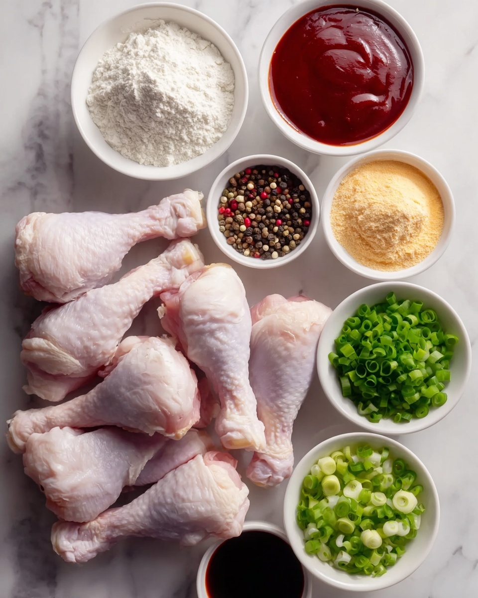 A white oval dish filled with nine cooked chicken drumsticks covered in a thick dark brown sauce, sprinkled with chopped green onions. The drumsticks are arranged in a single layer, each coated evenly with the glossy sauce that has pooled at the bottom of the dish. The dish sits on a white marbled surface, and in the background, parts of two white bowls are visible—one holding green leafy salad and the other with toasted bread cubes on a green cloth. photo taken with an iphone --ar 4:5 --v 7